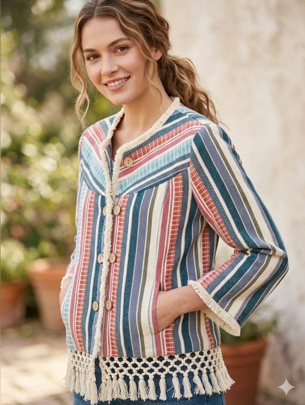 Coldwater Creek Y2K Boho Macrame Fringe Striped Woven Jacket Size 8